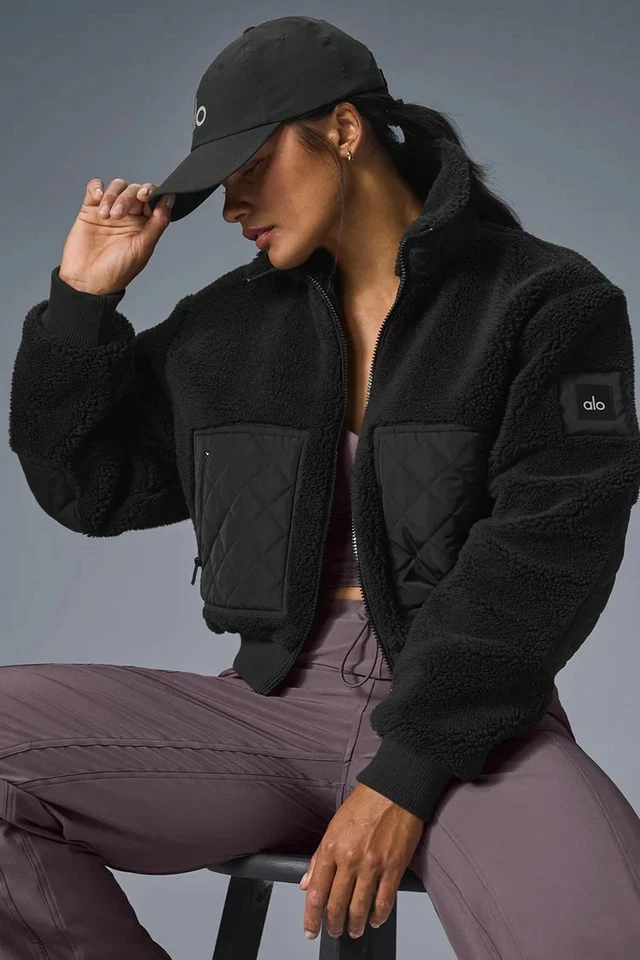 Nuevo AIo Yoga Para Mujer Sherpa Edge Bomber Chaqueta Corta con Cremallera Cálida Informal Deportes Foto 3 de 4