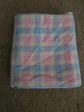 Vintage Baby Blanket pink blue yellow stripes plaid White corner squares woven