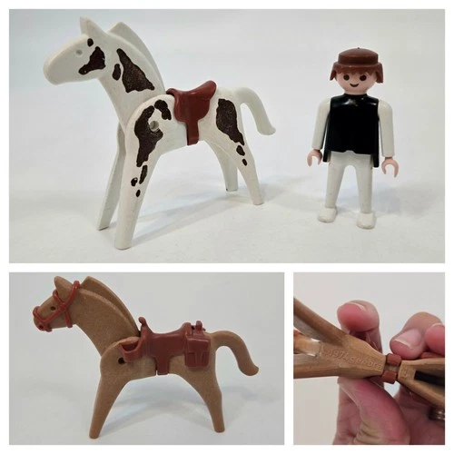 Vintage 1974 Playmobil Figure Spotted White Horse Brown Horse with Saddles Lot