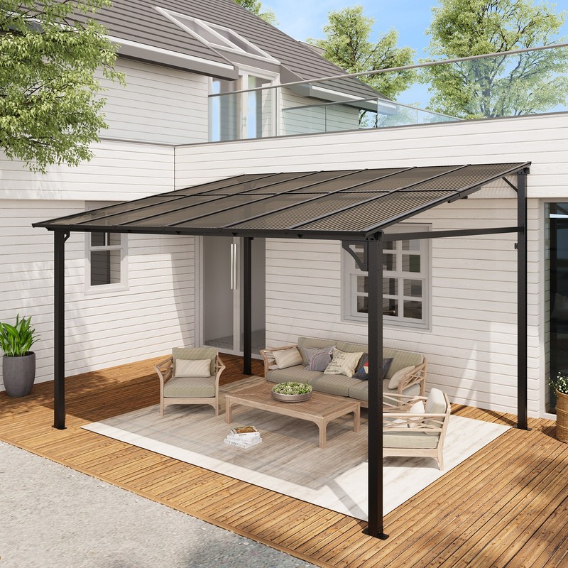 10x12FT Wall Mounted Hardtop Gazebo Polycarbonate Roof Heavy Duty Aluminum Frame