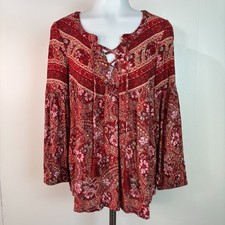 American Eagle Top Medium Red Boho Floral Lace-Up Long Sleeve Blouse Women's