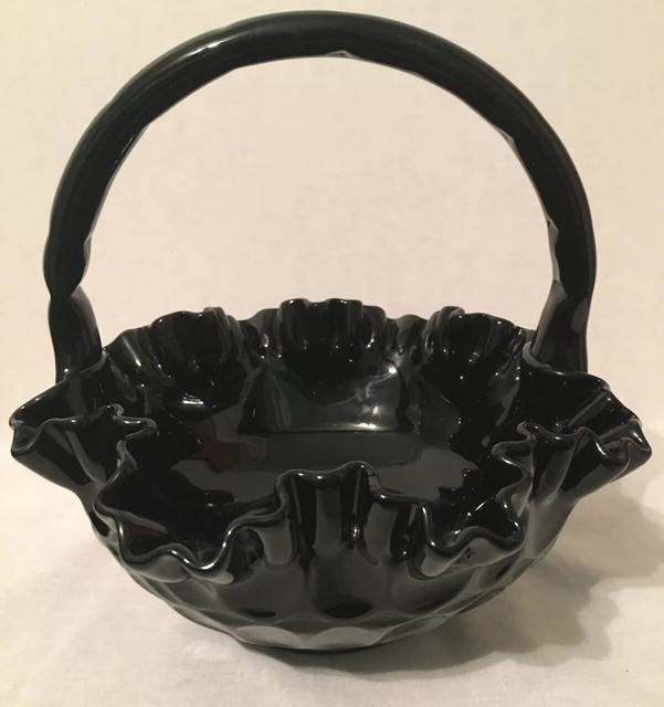 Vintage Fenton Black Amethyst glass basket ruffled edge thumbprint eBay