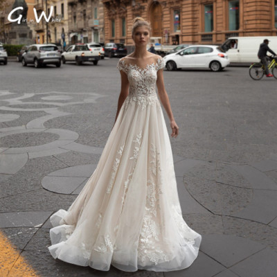  Lace Appliques A-Line Wedding Dress Cap Sleeves Bride Button Tulle Bridal Robe