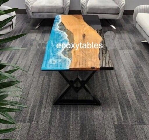 Epoxy Wood Resin River Dining Table Top with Ocean Wave Design for Kitchen or Home Decor-image