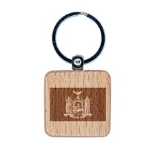 New York State Flag Engraved Wood Square Keychain Tag Charm