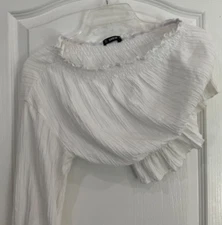 Shein Crop Top Size Small White Elastic Top One Sleeve Crinkle Material 153