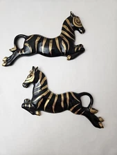 2 Vintage Lefton Black and Gold Zebra Wall Decor Plaque Foil Label Japan