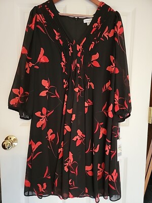 calvin klein black dress with red flowers Calvin Klein Red Black Floral Rose Puffy Short Sleeve Scuba Sheath Dress