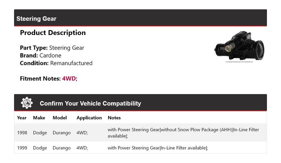 Engranaje de dirección Cardone para Dodge Durango 1998-1999 4x4 Foto 2 de 4