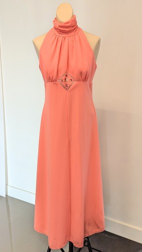 Vtg 60s 70s Maxi Dress Coral Rhinestones Backless Empire Waist S/M Mod GoGo