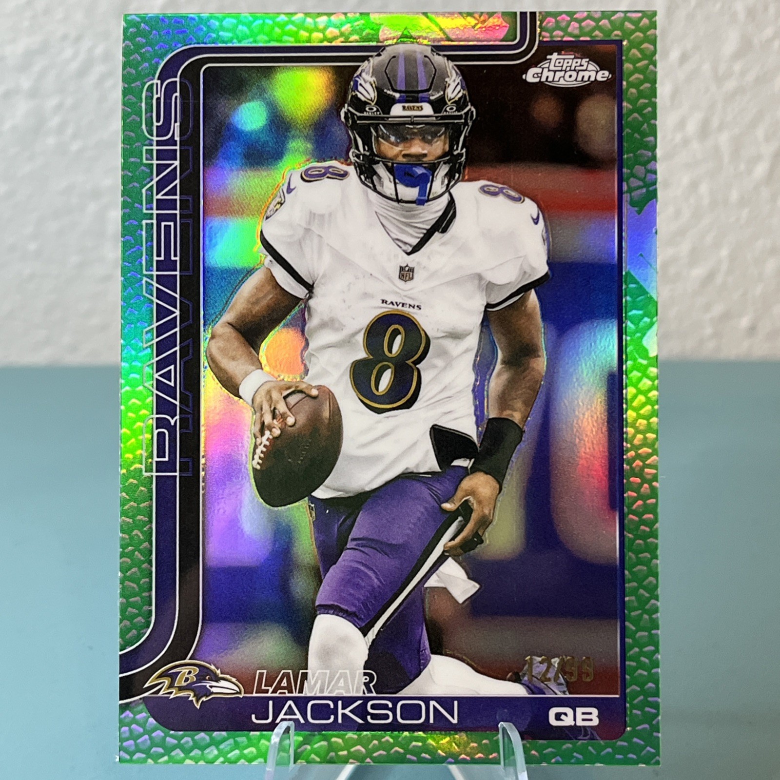 2025 Topps Chrome Football Lamar Jackson Refractor Green Pig Skin /99