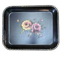 VTG Floral Painted Toleware Tray Black Gold Accent Decorative Roses