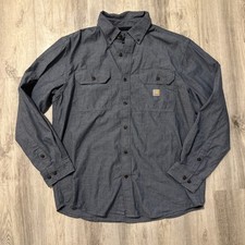 Carhartt Men Size L Loose Fit Blue Chambray Button Up Long Sleeve Shirt Work