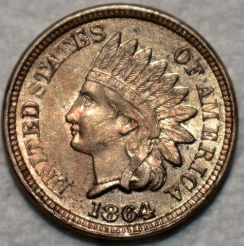 Uncirculated 1864 Copper-Nickel Indian Head Cent, Fully Lustrous w/ Golden Hues.