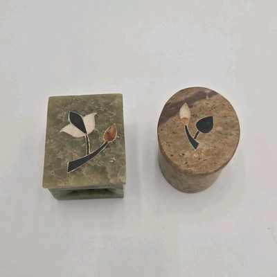 Vtg Soapstone Square & Oval Shaped Trinket Box Mother of Pearl Inlay India 2 Pcs