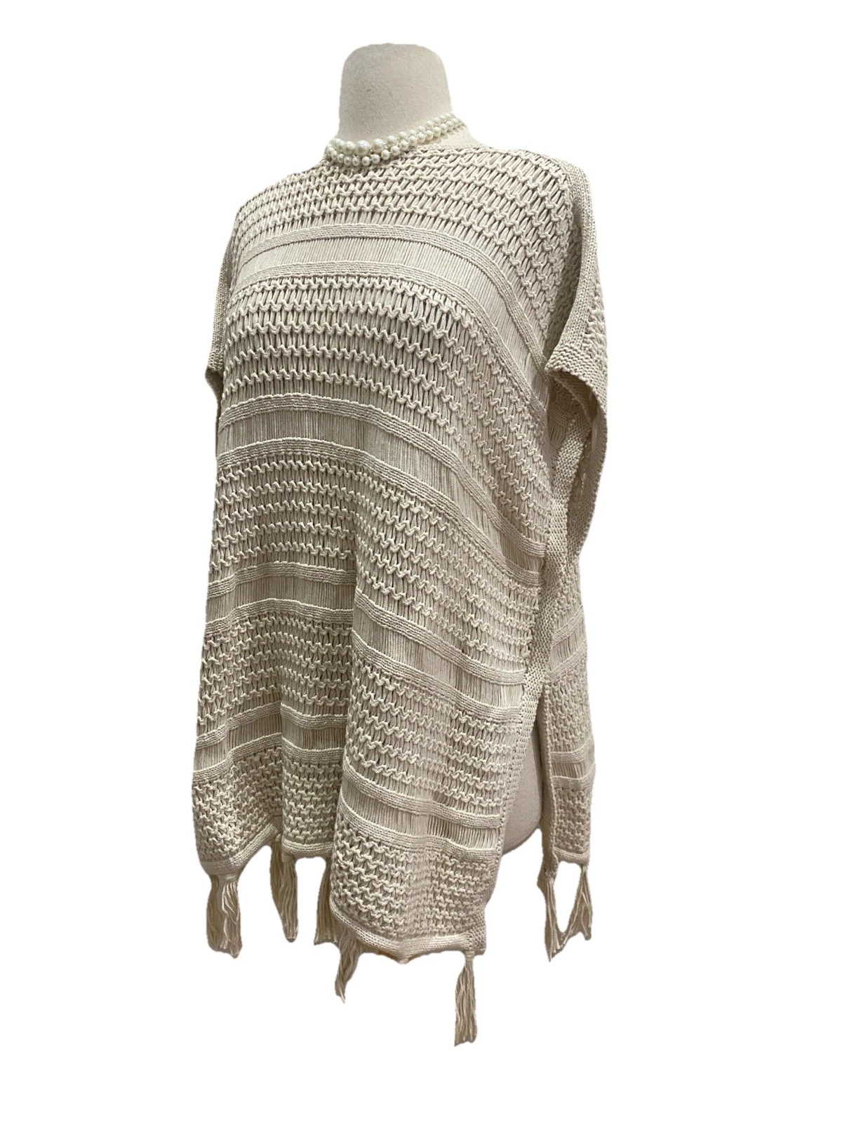 J.JILL ONE SIZE RELAXED Boho KNIT PONCHO Beige Tan Tassel Fringe Osfm M L Xl New