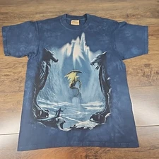 Vintage The Mountain T Shirt Men's Medium Blue Dragon Wizard Leather Tag