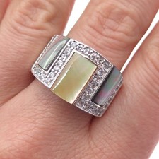 925 Sterling Silver Real Abalone Shell MOP C Z Ring Size 9.5
