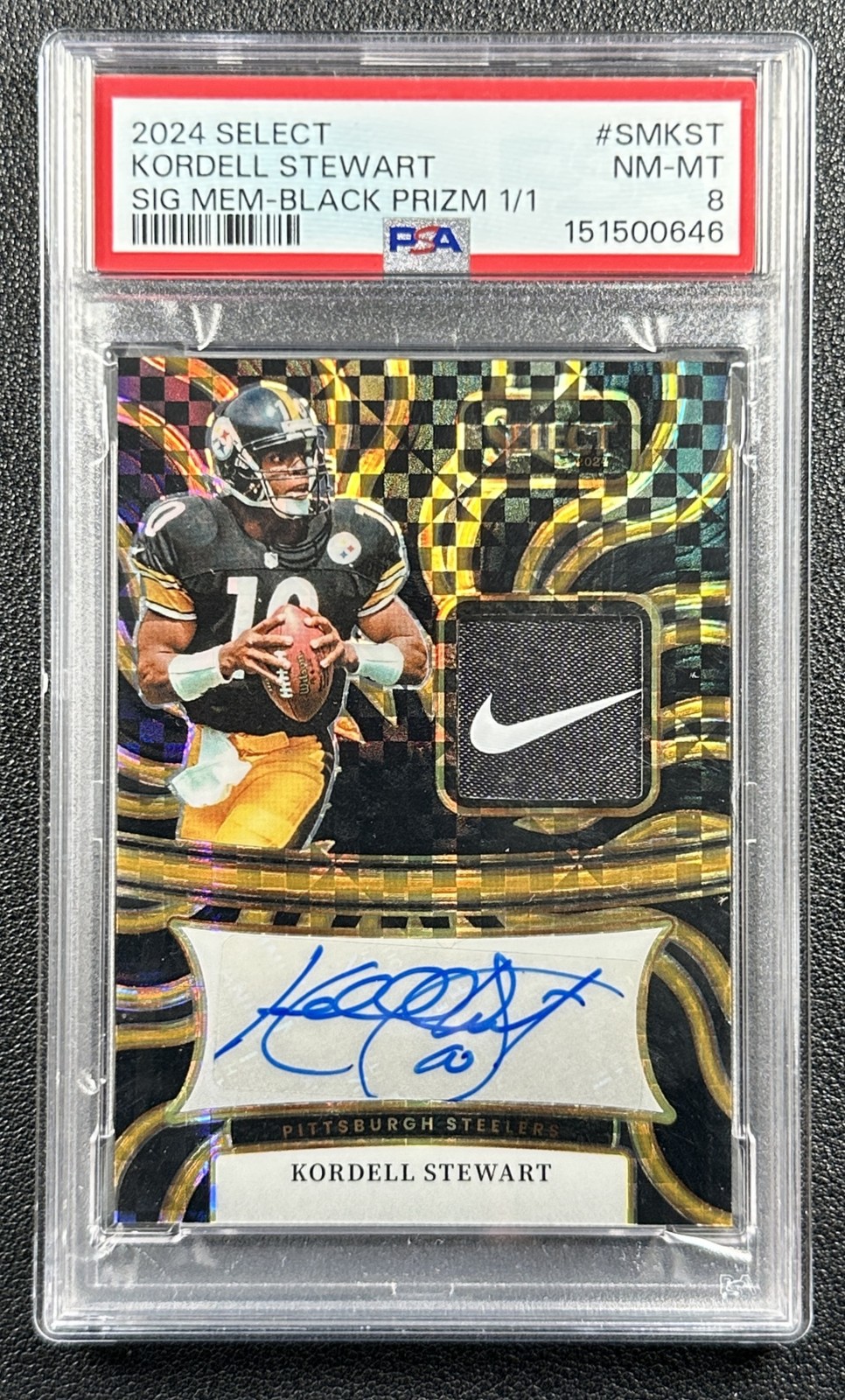 1/1 KORDELL STEWART PSA 8 2024 PANINI SELECT NIKE TAG PATCH AUTO BLACK PRIZM 1/1