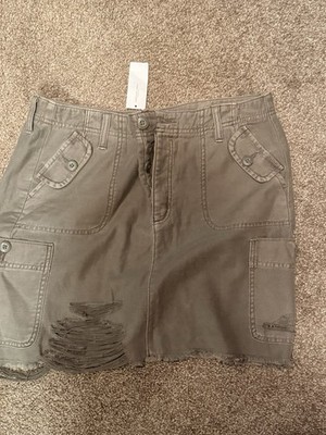 Women s Green Cotton Canvas Cargo Skirt Button Closure w/ Pockets Skirt 