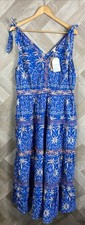 Monsoon Florence Blue Palm Print Cotton Midi Dress Size Large New
