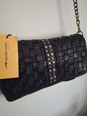 MARTA PONTI Portugal Black Woven Leather Studded Crossbody Shoulder Bag NWT