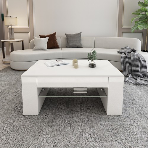 Mesa de centro blanca con balda de vidrio mueble auxiliar de salón 100x42x60 cm - Imagen 5 de 5