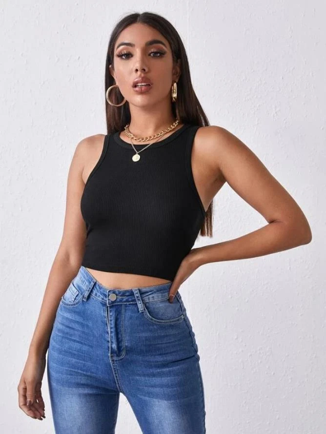 Camiseta sin mangas recortada corta elástica informal básica para mujer S - L Foto 4 de 4