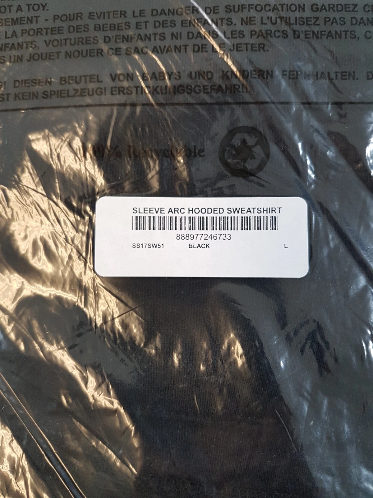 Felpa con cappuccio Supreme manica ad arco nera taglia large SS17