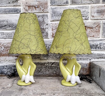 Vintage Mid Century MCM Pair Green White Goose Swan Pottery Table Lamps, Shades