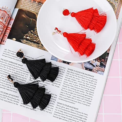 Layered Tassel Earrings Bohemian Tiered Tassel Thread Earrings Fringe black - Picture 7 of 7