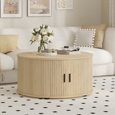 Round Coffee Table Fluted End Table with Sliding Door 80CM Diameter 40CM Tall