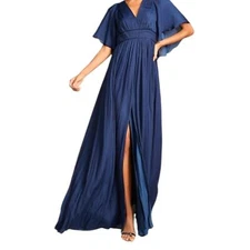 $525 NEW HALSTON HERITAGE Maxi Dress Formal Long Size 2 Navy Blue Cape Sleeves