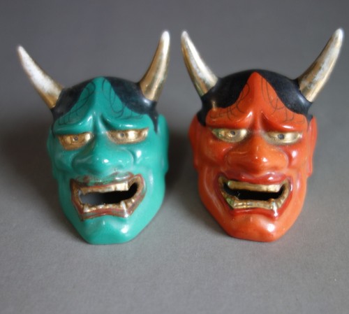 Japanese Hannya mini Mask Pottery Omen Noh Samurai green red