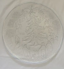 Village Scene Around Christmas Tree 12.25 inch wide thick glass platter