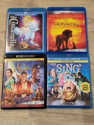 Disney Diamond Edition CINDERELLA, Alladin, Sing, The Lion King Blu Ray Lot of 4