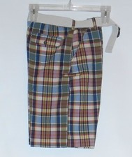 Arizona Boys Flat Front Plaid Shorts  Canvas Belt Brown Plaid Size 16 NWT