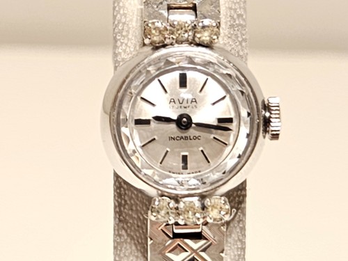 VINTAGE LUXURY WHITE GOLD PLATED SWISS LADIES WATCH "AVIA" 17J. WITH STONES - Picture 3 of 17