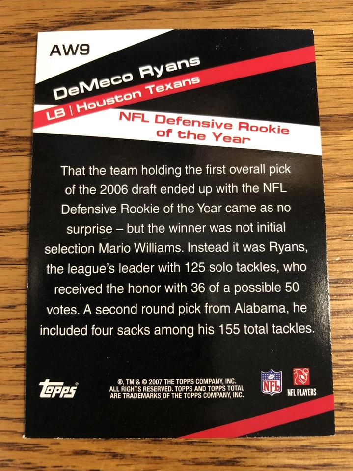 DeMeco Ryans 2007 Topps Total Award Winners Texans #AW9 *4591* - Image 2 of 2