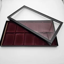 NOS Jewelry Tray Cube Display 10 Slot 14.5" x 8" x 1" Flocked Burgundy Glass Top
