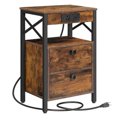Nightstand with Charging Station, End Table with 2 Drawer, Sofa Side Table wi...