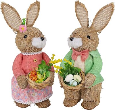 Set of 2 Easter Standing Bunny Couple, 13.8'' Handmade Straw Figurines, Rabbits T