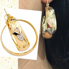GOLD Hoop earring HEART 14k solid yellow white rose WIDE thick 1.70" 43x33mm