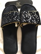 Women's NWT INC International Concepts Velvet Star Print Slip-On Black Slippers