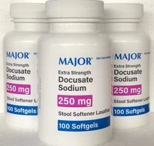 Major Docusate Sodium 250 mg Softgels Stool Softener 100ct -3 Pack -Exp 11-2026