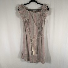 New Ellison Mini Dress Women's Small Tan Red Striped Sleeveless Tie Front Light