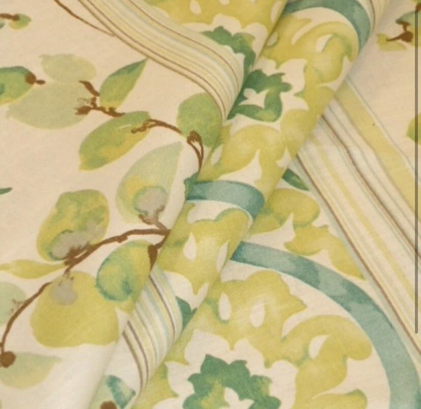 Tela floral a rayas de lino flor verde azulado Foto 2 de 3