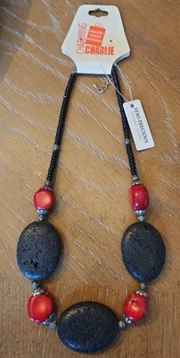 Charming Charlie genuine stone necklace featuring black lava & Red Coral NWT 17''