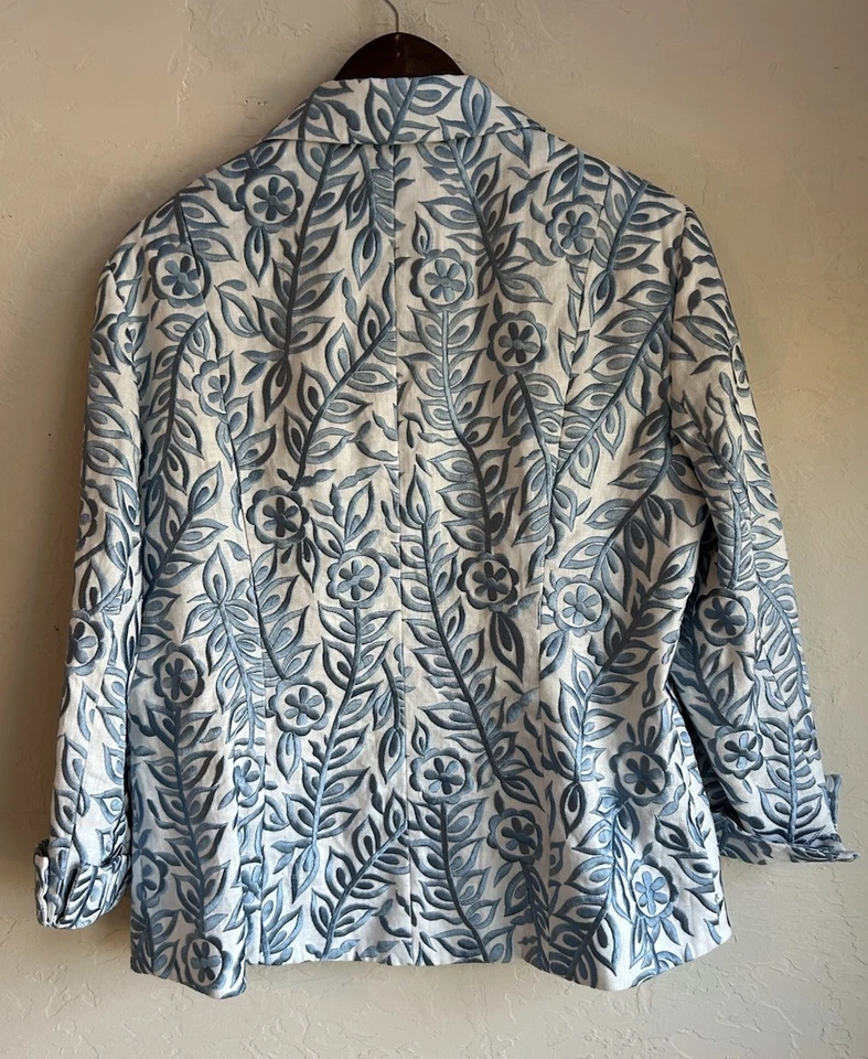Lafayette 148 100% льняной вышитый блейзер куртка 14 роскошь дизайнерский синий белый - Изображение 2 из 4