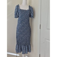Pretty Garden Smocked Blue Floral Midi Dress with Ruffle Hem Size L